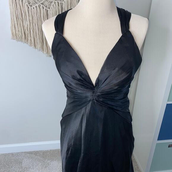 Vintage 90s La Femme Black Satin Criss Cross Cape Back Formal Gown Long Dress 6 - Picture 5 of 12